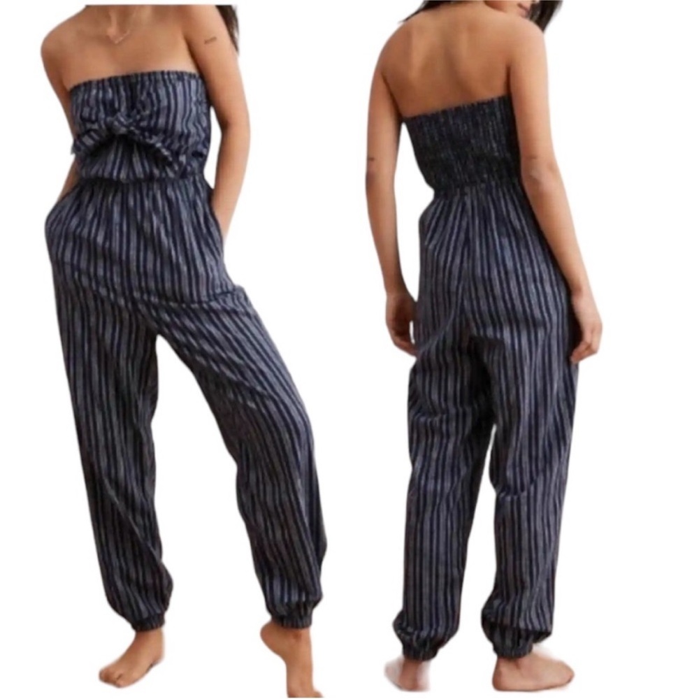 Aerie Striped Navy Blue Sleeveless Strapless Jumpsuit Women’s Size Large